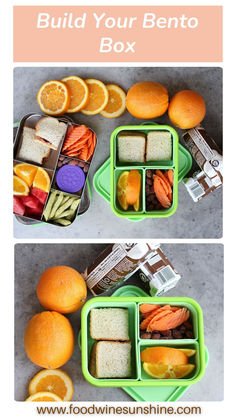 two pictures showing the different sections of a bento box filled with fruit and vegetables