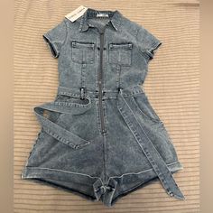 Denim Zip Up Romper With Tie At Waist, Has Stretch, Nwt, Size Medium Casual High Rise Denim Jumpsuits And Rompers, High Waist Washed Blue Denim Jumpsuit, Casual High-rise Denim Jumpsuit, High Waist Light Wash Denim Jumpsuits And Rompers, Fitted Washed Blue Denim Jumpsuit, Casual Fitted Washed Blue Denim Jumpsuit, Light Wash Fitted Casual Overalls, Casual Fitted Light Wash Overalls, Trendy Fitted Washed Blue Denim Jumpsuit