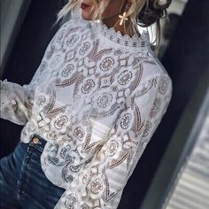 Great Shopping NWT Women's White Cropped Lace Long Sleeve Vtg 70s Insp Top Blouse S - L, Women's Top Jewelry Websites, Stand Collar Shirt, Lace Blouse Long Sleeve, Lace Top Long Sleeve, White Lace Top, Women's Blouses, Lace Long Sleeve, Looks Chic, Fashion Mode