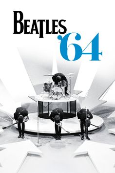 an advertisement for the beatles's 64 album, with four men in suits on stage