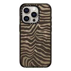 an iphone case with zebra print and two cameras on the front, in brown tones