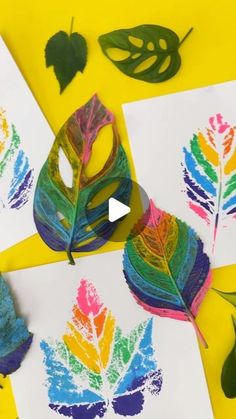 leaf art project for kids with colored paper and leaves on yellow background, using crayons