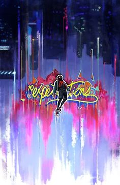 an abstract painting of a person jumping in the air with neon lights behind him and buildings on either side