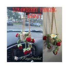 crocheted strawberries hanging from hooks on the dashboard of a car with text overlay reading strawberry hanging basket