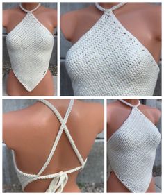 four pictures of different types of crocheted clothing on mannequins, including one with a halter top