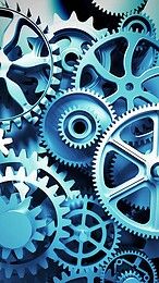 several gears are shown in the shape of an apple logo on a blue background with black and white accents