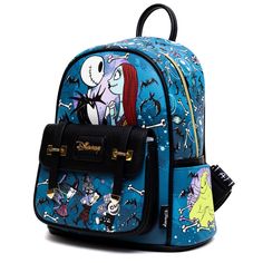 This enchanting LIMITED EDITION fashion mini backpack, bathed in a serene blue hue, celebrates the whimsical charm of Jack and Sally from "The Nightmare Before Christmas." The front panel of the backpack is adorned with an artful depiction of Jack and Sally standing together in a romantic moonlit scene, while the front pocket features your favorite trouble makers Lock, Shock, and Barrel. The back of the backpack features an intricate illustration of Jack & Sally next to one another. Each side po Blue Themed Back-to-school Bag, Blue Disney Bags For Gifts, Disney Style Backpack Bag For Gifts, Disney Style Backpack Bag As Gift, Blue Novelty Bags For Gifts, Novelty Blue Bags For Gifts, Themed Blue Bags For Gifts, Disney Prints, Nightmare Before Christmas Jack Sally