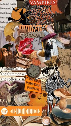 the collage is made up of many different things in it, including books and pumpkins