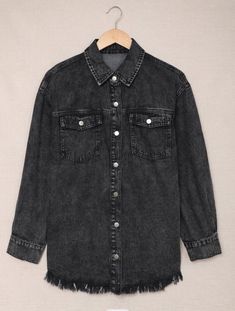 This will be your go to piece! Oversized fit, black acid washed denim. Frayed hem. Hidden side pockets! Pictured in a size small. Denim Pocket, Acid Wash Denim, Sleeves Clothing, Black Denim Jacket, Denim Jackets, Acid Wash, Denim Fabric, Fall Autumn, Denim Shirt