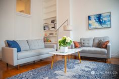 a living room filled with furniture and a blue rug