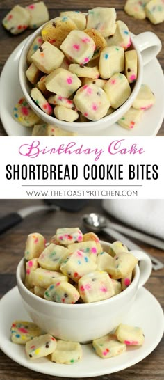 birthday cake shortbread cookie bites in a white bowl