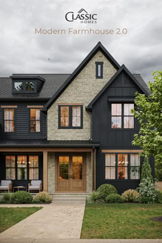 a black house with white trim and windows is featured in the classic homes modern farmhouse series