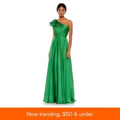 in stock Summer One-shoulder Evening Dress With Pleated Bodice, Elegant One-shoulder Pleated Maxi Dress, Spring One-shoulder Pleated Maxi Dress, Green One-shoulder Evening Dress With Asymmetrical Hem, Pre-draped Sleeveless Green Evening Dress, One Shoulder Gown, Black Tie Affair, Ruched Bodice, Pleated Bodice