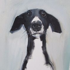 a painting of a black and white dog looking up at the camera with its eyes open