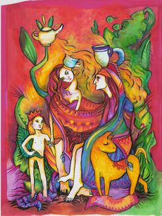 a card with an image of three people and two animals on it, one holding a cup