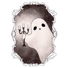 a drawing of a ghost with three candles in it's mouth and the image is framed by an ornate frame