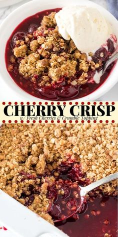 two pictures of berry crisp with ice cream on top