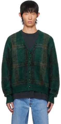 Shag knit mohair- and wool-blend cardigan. Jacquard check pattern throughout. · Y-neck · Button closure · Rib knit hem and cuffs Supplier color: Emerald plaid Classic Mohair Cardigan For Fall, Classic Mohair Outerwear For Fall, Men’s Cardigan, 60s Cardigan, Feather Yarn, Mens Cardigan, Knitwear Men, Knitting Ideas, Knitwear Cardigan