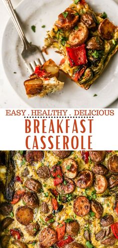 an easy breakfast casserole with sausage, mushrooms and tomatoes is ready to be eaten