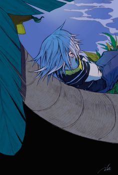 an anime character with blue hair sitting in a tree