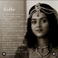 a woman with pearls on her head and words written in the language radha