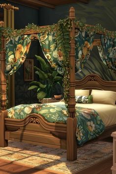 a bedroom with a canopy bed and green curtains on the window sill above it