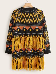 Plus Fringe Trim Fair Isle Cardigan #Sponsored , #AFFILIATE, #Trim#Fringe#Fair Geometric Cardigan, Fair Isle Cardigan, Plus Size Cardigans, Fringe Trim, Fair Isle, Fall Winter, Trim