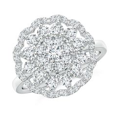 a white gold ring with round diamonds on the center and sides, surrounded by small pave