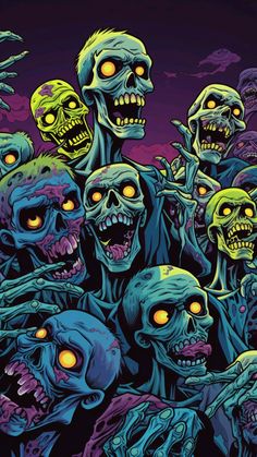 a group of zombie heads with glowing eyes and hands in the air, surrounded by other zombies