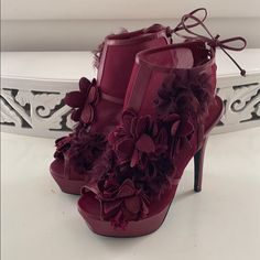 Gorgeous Burgundy Platform Heels By Colin Stuart! Floral Suede Accents On Mesh Structure. Ties In The Back. Heel Is 5.5”. Worn Once. Still In Excellent Condition! Absolutely Stunning And Theatrical! Burgundy Heels For Spring Party, Spring Party Burgundy Heels, Burgundy High Heel Spring Heels, Chic Burgundy Heels For Spring, Burgundy Evening Heels For Fall, Favorite Boots, Burgundy Color, Platform Heels, Shoes Women Heels