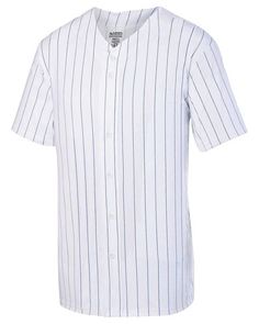 Unisex Pin Stripe Full Button Baseball Jersey - WHITE/ ROYAL - L | Augusta Sportswear Athletic Pin Stripe Full Button Baseball Jersey T-Shirt in White/Royal Size Large | Polyester Track Uniforms, Football Pads, Softball Uniforms, Custom Uniform, Baseball Uniforms, Cheerleading Outfits, Basketball Uniforms, Soccer Shorts, Baseball Pants