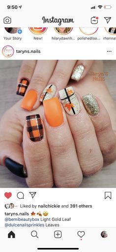 Nail Art Plaid Design, Plaid And Pumpkin Nails, Nail Art Designs For Fall Plaid, Scarecrow Nails Designs, Fall Color Nail Designs, Fall Plaid And Pumpkin Nails, Fall Plaid And Leaf Nails, Thanksgiving Nails Acrylic