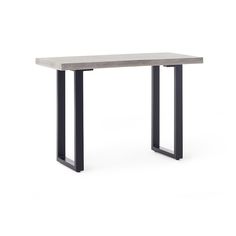 a table that is made out of concrete and black metal legs, on a white background