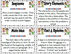 four different types of sentence cards with the words, story elements and other things in them