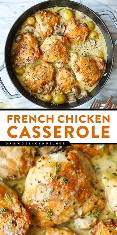 Looking for simple family meals? Here's a chicken dinner recipe! Cooked in a white wine sauce with potatoes, mushrooms, and herbs, this easy French chicken casserole is so cozy and wholesome! French Chicken Casserole, French Chicken, Brown Chicken, Makanan Diet, French Cooking, Healthy Easy, Dinner Idea