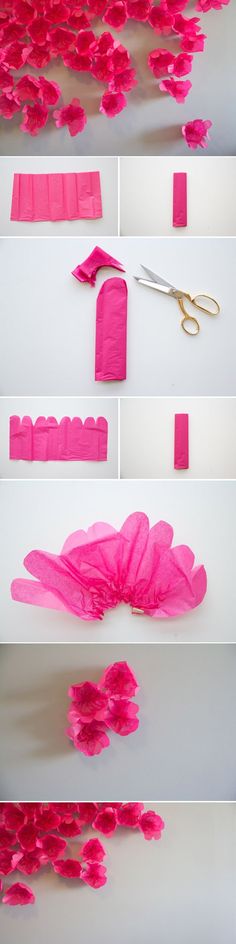 pink tissue paper flowers are being made with scissors