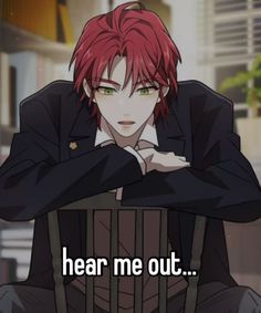 an anime character with red hair and green eyes