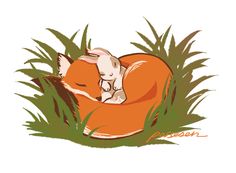 a small white dog laying on top of an orange pillow in some tall green grass