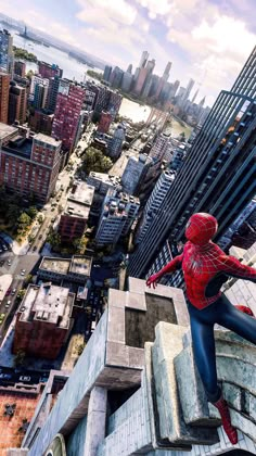 a spider man is standing on the edge of a building in front of a city