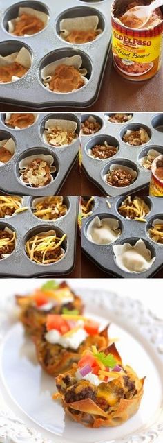 taco cupcakes on a white plate and in a muffin tin with toppings