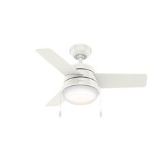 a white ceiling fan with a light on the top and two blades attached to it