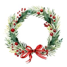 watercolor christmas wreath with red berries and green leaves