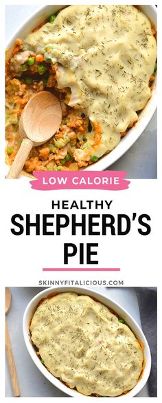 the recipe for healthy shepherd's pie is shown in two different images, with text overlay