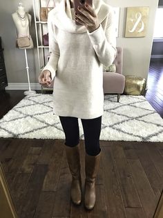 Tunic Sweater Outfits, Sonus Festival, Fall Weekend Outfits, Tunic Outfit, Cognac Boots, Stylish Petite, Fall Trend, Sweater Dress Outfit, Weekend Outfit