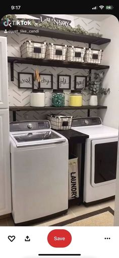 a white washer and dryer sitting next to each other in front of a shelf