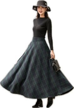 Winter Vintage Full Skirt, Vintage Green Full Skirt, Vintage Long Plaid Skirt, Retro Plaid Knee-length Skirt, Winter Maxi, Vintage Plaid Full Skirt, Plaid Wool Skirt, Houndstooth Skirt, Ankle Length Skirt