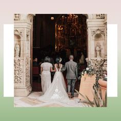 the bride and groom are walking into the church