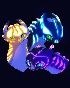 two glowing cats sitting next to each other on a black background with blue eyes and green eyes