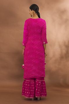 Buy Pink Kurta And Sharara Georgette Embroidered Leheriya Pattern & Gota Work Set For Women by Khwaab by Sanjana Lakhani Online at Aza Fashions. Semi-stitched Sharara With Dori Work And Straight Kurta, Georgette Straight Kurta Set With Dori Work, Georgette Sharara With Straight Kurta And Pallu, Pink Sharara With Intricate Embroidery In Chinon, Pink Floor-length Embroidered Fabric With Dori Work, Pink Embroidered Sharara In Chinon Fabric, Pink Georgette Fabric With Dori Embroidery, Pink Embroidered Sharara With Straight Kurta, Kurta And Sharara