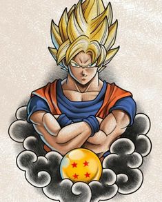 a drawing of gohan holding a ball in the clouds with his arms crossed and eyes closed